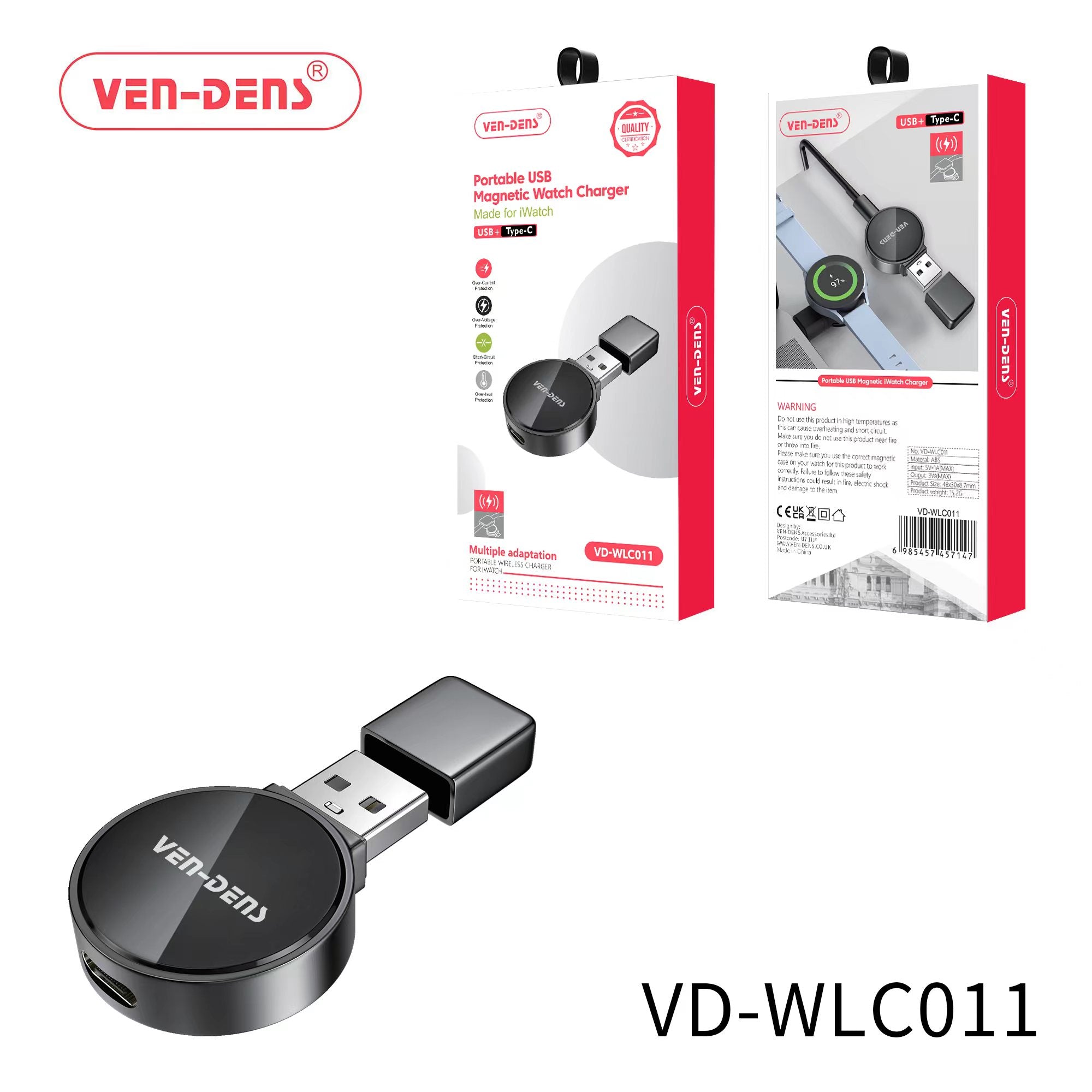Ven-Dens VD-WLC011 Portable USB Magnetic Watch Charger